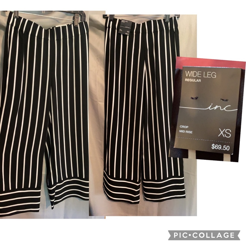 Black/white striped wide crop pants